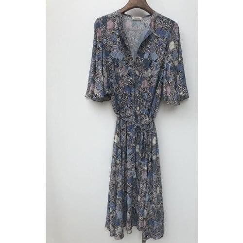 Women Dress 2021 New Printed Single Button Belt Half Sleeve Mid-length Dress