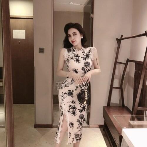 New Summer Female Retro Cheongsam Grace Dress Black Flower Printing Fashion Sexy Women bodycon High Slit Dress