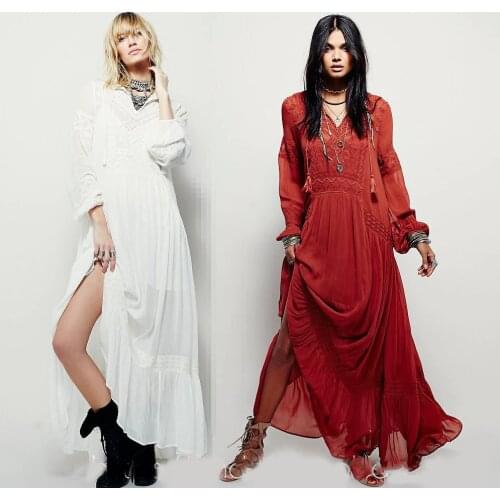 2018 The new high-end European and American womens exquisite lace embroidery long section V-neck pleated dress bohemian