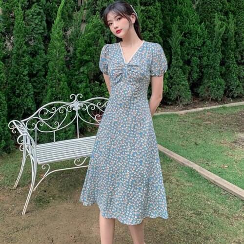 DAXIN Womens V-Neck Floral Print Dress Korean Style Elegant Ladies Casual A-line Ruffled Vestidos Short Sleeve 2021