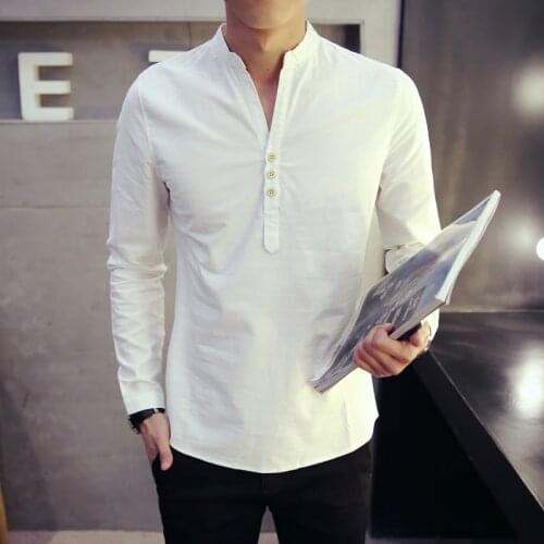 3 buttons Linen tops Men Casual Shirts Long Sleeve V Neck Cotton Fashion Men Top Solid Thin Clothes Plus Size M-4XL MQ491