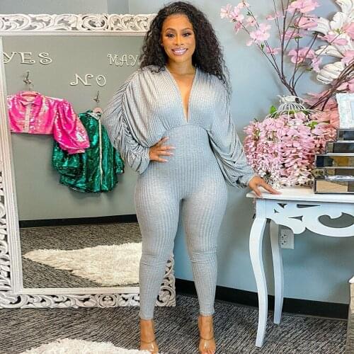 Sexy Stretch Jumpsuit Bat Sleeve Women Deep V Neck One Piece Romper Female Night Club Evening Party Celebrity Clubwear Plus Size
