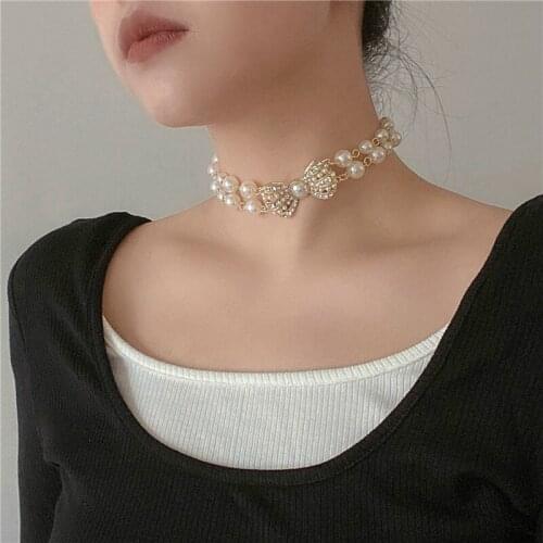 Lifefontier Bowknot Rhinestone Choker Necklaces for Women Gold Color Metal Thick Chain Pearl Necklaces Wedding Bride Jewelry