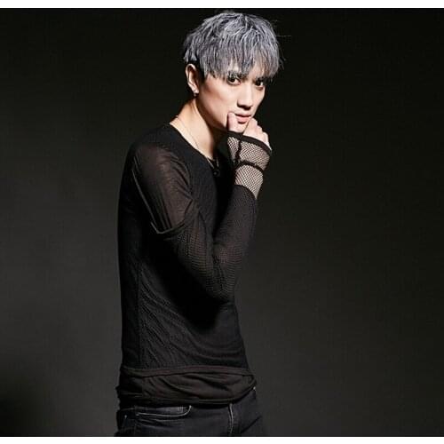 Men fashion sexy mesh slim t shirt nightclub singer punk hiphop tee shirts men patchwork long sleeve tops hip hop stage costume