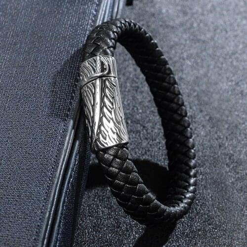 Men Jewelry Punk Black Braided Geunine Leather Bracelet Sword Dagger Pattern Stainless Steel Magnetic Buckle Bangles
