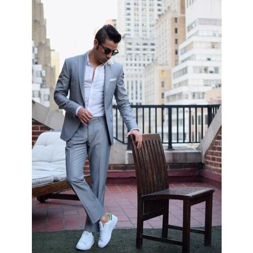 ANNIEBRITNEY Grey 2 Piece Slim Fit Men Business Suit Tailor Made Groom Wedding Tuxedo 2 Piece Prom Wedding Business Men Suit Set