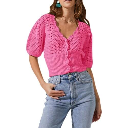 Solid Color Women Sweater Pullovers Short Puff Sleeve Jumpers Sexy V Neck Hollow Out Knitted Sweaters Pullovers Tops Streetwear