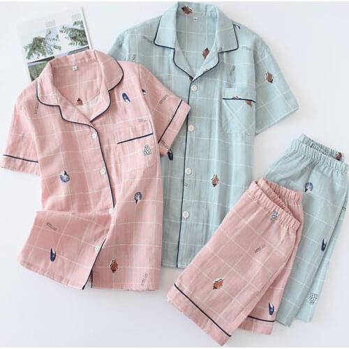 Summer Couple Sleepwear Set Pure Cotton Gauze Conch Plaid Short Sleeves with Shorts Men/women Pajamas Comfy Loose Cool Home Wear