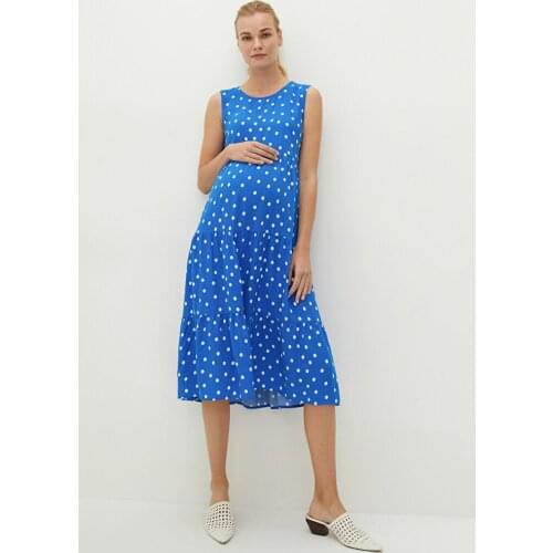 Crew Neck Polka Dot Sleeveless Crinkle Fabric Maternity Dress Viscose Summer Casual Holiday Street Style