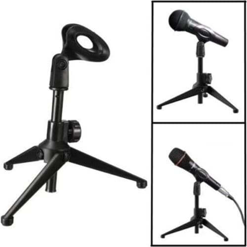 Foldable Desktop Microphone Tripod Stand Height Adjustable for Karaoke Mic Holder with Mic Clip for Meetings Lectures Live
