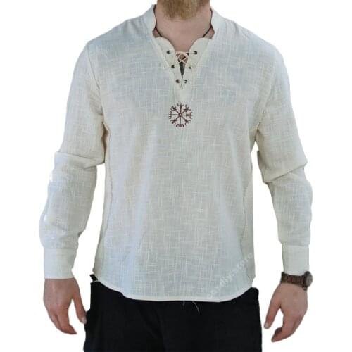 Medieval Vikings Shirt Pirate Costume Linen Cotton Tunic Mens Norse Blouse Tops Cosplay Halloween Outfit For Adult Plus Size