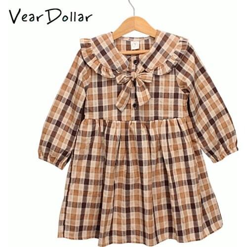 VearDoller Girls Dress New Arrival Casual Plaid Pattern Long Sleeve Cotton Butterfly Dress Baby Girls Clothing for 2-6Y