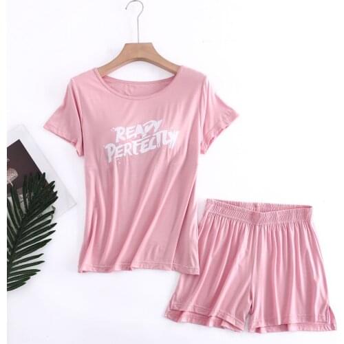 2PCS Pink Print Letter Women Pajamas Sets Short Sleeve T-Shirt&Shorts Pyjamas Sports Sleepwear Nightwear Summer Modal Home Wear