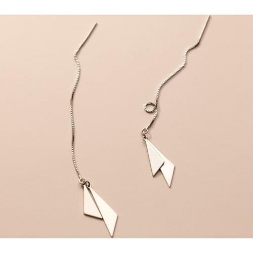 TB50 100% Real 925 Sterling Silver Geometric Pull Through Threader Earrings Triangle Long Drop Earrings for Women