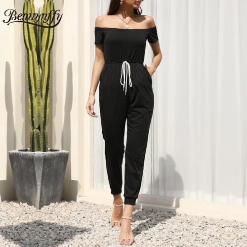 Benuynffy Slash neck Off The Shoulder Jumpsuits Women 2021 Summer Short Sleeve High Waist Tie Ladies Pocket Casual Jumpsuit