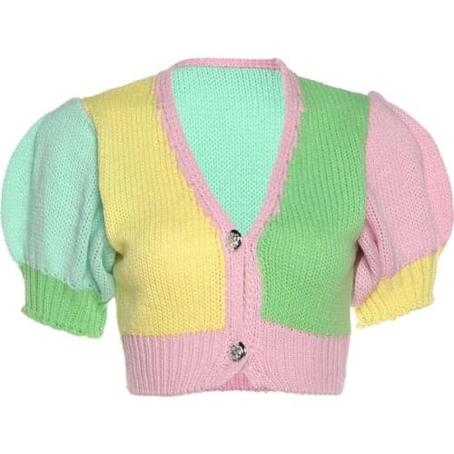 Women Summer Puff Short Sleeve Crop Top Sexy Deep V-Neck Button Front Knitted Sweater Cardigan Harajuku Color Block Slim
