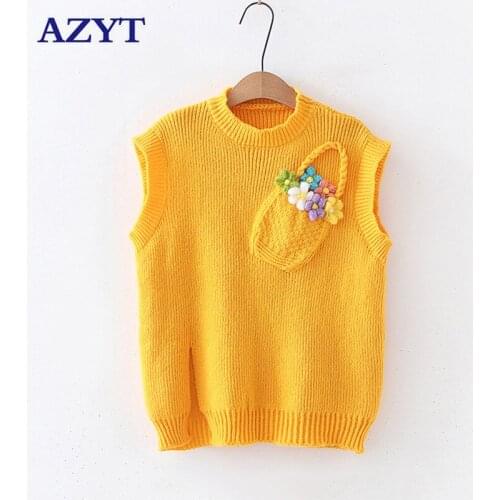 AZYT 2021 Autumn Elegant Lady Sweater Vest Loose O Neck Pullover Knit Sleeveless Jacket Female 3D Flowers Decoration Women Vest