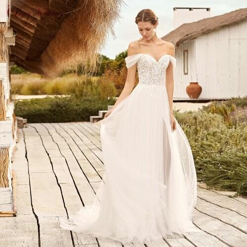 Boho Lace Wedding Dresses Off the Shoulder Sweetheart Open Back A Line Bohemian Women Tulle Bridal Gowns vestido de novia 2021