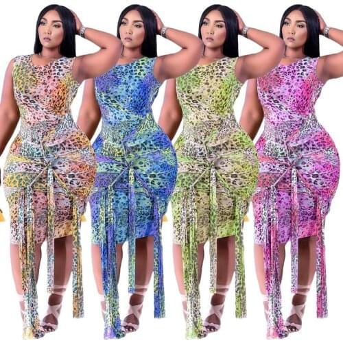 Plus Size Clothing Women Tie Dye Leopard Dress Wholesale Summer Bodycon Elegant Bandage Maxi Dresses with Belt 2021 Dropshipping