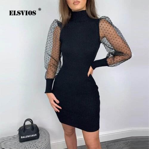 Women sexy mesh Puff Sleeve kint mini Dress Elegant Autumn solid Turtleneck patchwork Dress 2019 Female winter basic mini dress