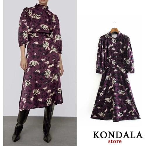 KONDALA Za 2020 Fashion Women Dress Vintage Floral Print O-Neck Dress Long Sleeve Sashes A-Line Vestidos Mujer Chic Dresses