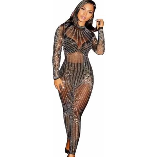 2019 Glitter Women Sexy Mesh See Through Rhinestone Skinny Jumpsuit Sequins Bodysuit Vintage Christmas Party Jumpsuits