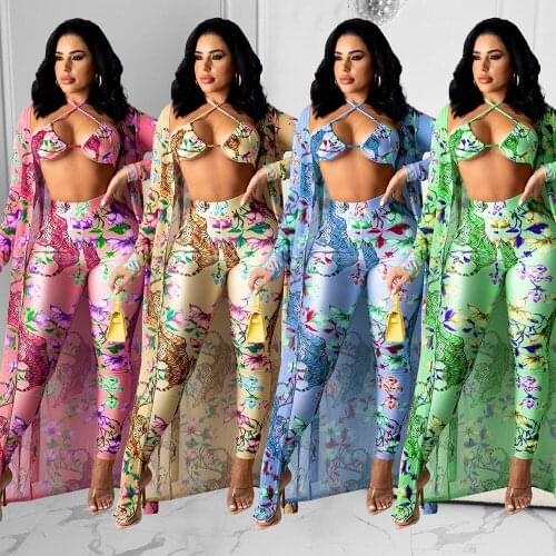 2021 New Product Summer Hot Sale Mesh Shawl Jacket Swimsuit Trousers Bikini Three-piece Pant Sets