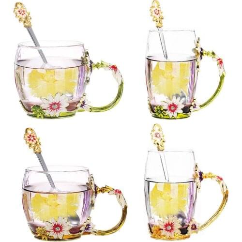 320/350ML Enamel Flower Glass Cup Tea Double Heat-Resistant Clear Water Cup Coffee Mug Drinkware With Spoon Cleaning Cloth 2021