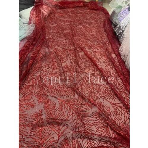 5 yards JR01# April bridal LACE African Glitter Dark red Feather Pattern Tulle lace For Fashion Occasions Sewing Wedding Dress