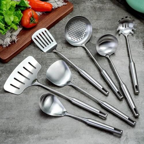 7PCS Stainless Steel Cookware Set Kitchen Shovel Fish Turner Soup Spoon Pasta Server Strainer Cooking Tools Utensils Kitchenware