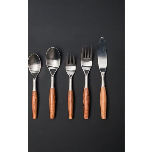 304 Stainless Steel Japan Style Bento Box Accessories Food Picks Fruit Fork Wooden Handle Soup Spoons Steak Knife Tableware