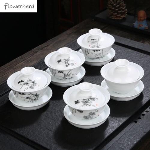 White Porcelain Gaiwan Teaware Kung Fu Tea Set Plum Orchid Bamboo Chrysanthemum Tea Sets China Gaiwan Handpainted