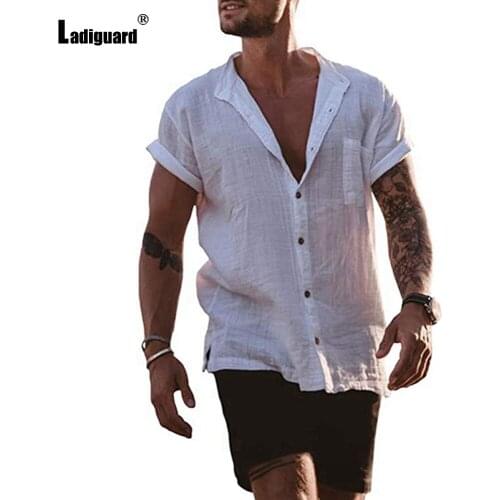 2021 Plus Size 5xl Solid Mens Top Open Stitch Casual Linen Blouses Summer New Patchwork Button Shirt blusas Sexy Male Clothing