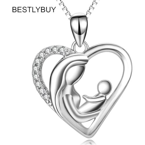 BESTLYBUY 925 Sterling Silver Heart Necklace Mother and Child Pendant Necklace Jewelry Birthday Gifts for Mother Mama Mom