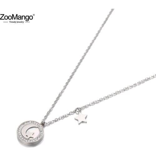 ZooMango Vintage Design Stainless Steel CZ Crystal Star & Moon Pendant Necklaces Trendy Shell Chain Necklace For Women ZN19117