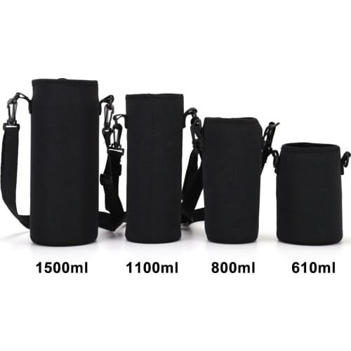 610-1500ml Water Bottle Cover Bag Pouch w/Strap Neoprene Water Pouch Holder Shoulder Strap Black Bottle Carrier Insulat Bag