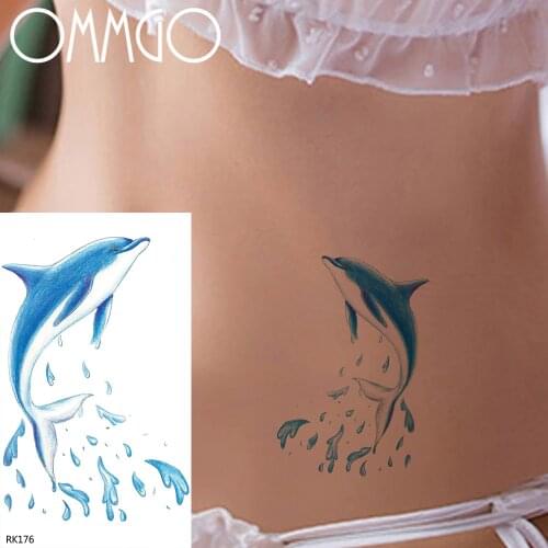 Blue Dolphin Watercolor Children Temporary Tattoos Waterproof Cartoon Tattoos For Kids Fake Body Art Women Tatoos Stickers Paper