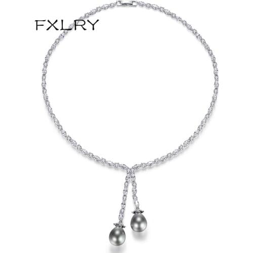 FXLRY New Design Fashion OL Personality White Color Cubic Zircon Gray Pearls Pendant Necklaces for women Jewelry