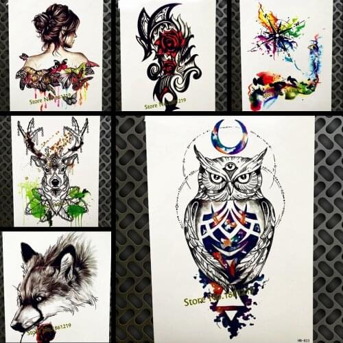 Hot WaterColor Purple Owl Temporary Tattoo Stickers Henna 21x15CM Women Flash Waterproof Tattoo Body Art ARm Fake Tatoo Men