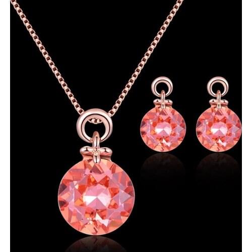 Luxury Female Crystal Round Jewelry Set Charm Rose Gold Color Stud Earrings For Women Dainty Red Zircon Wedding Chain Necklace
