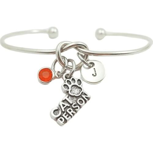 Cat Person Retro Creative Initial Letter Monogram Birthstone Adjustable Bracelet Fashion Jewelry Women Gift Pendant