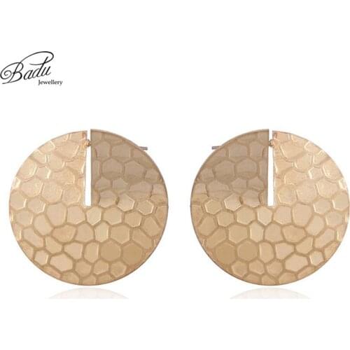 Badu Round Gold Stud Earring Women Vintage Big Studs Golden Honeycomb Earrings Geometric Metal Jewelry Wholesale