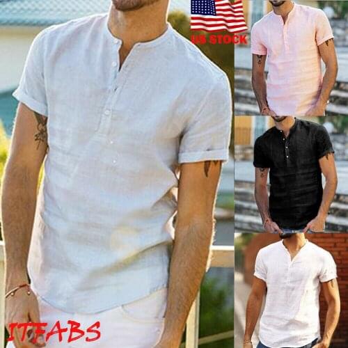 Mens Linen Short Sleeve Summer Solid Shirts Casual Shirts Loose Dress Soft Tops Tee 4 Colors