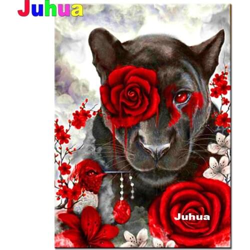 Handicraft Diamond Painting Black Tiger and Red Rose Diamond Embroidery Animal Pattern Cross Stitch Full Rhinestone Mosaic Home