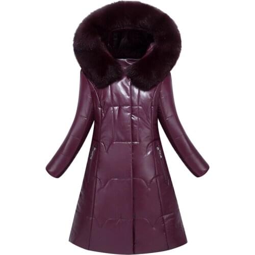 New Women Fur Collar Winter Long Leather Jacket L-8XL Ladies Faux Sheepskin Parkas Camel-Padded Coat Female Thicken Outerwear