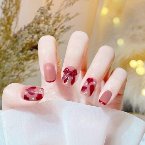 24pcs Bow Nail Patch Square Head Glue Type Removable Short Paragraph Fashion Manicure Save Time False Nail Patch DL