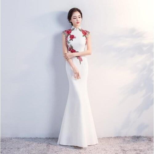 White and Red Flowers Cheongsam dress Improved Fish tail Bride Chinese Orientdress