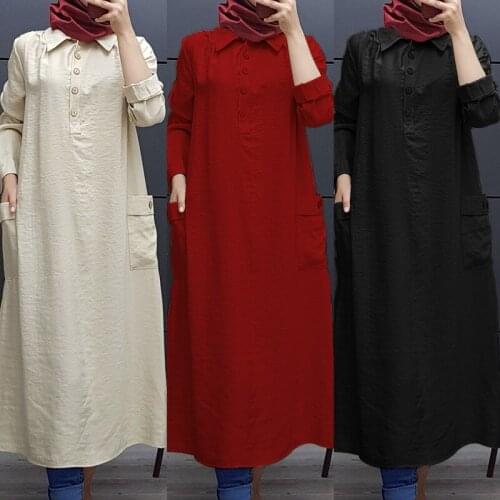 Ramadan Muslim Women Dress Solid Long Plus Size Pocket Buttons Office Lady Elegant Moroccan Kaftan Hijab Abaya Party Night