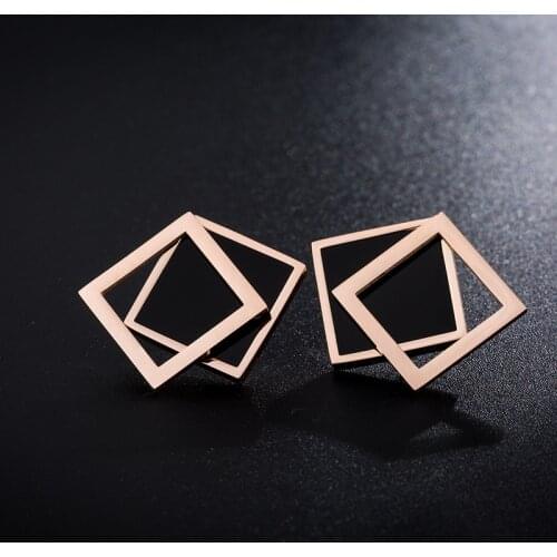 Korean Fashion Trendy Double Layer Hollow Square Shell Stud Earrings For Women No Fading Rose Gold Stainless Steel Jewelry Femme