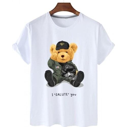 100% Cotton Aviator Bear Short-sleeved O-neck Loose Short-sleeved T-shirt Womens Plus Size T-shirt Mens And Womens Tops S-4XL